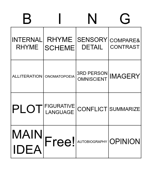 Reading Vocabulary Bingo Card