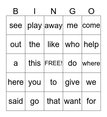 Vocabulary Bingo Card