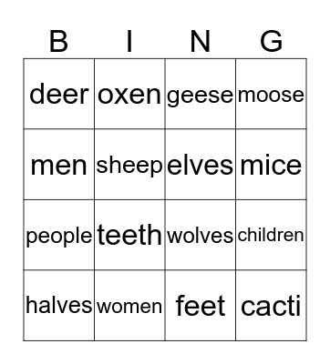 Irregular Plural Nouns Bingo Card