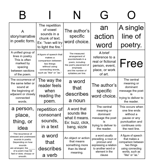 Poetic Vocabulary Bingo Card