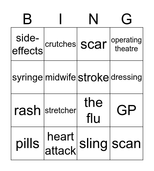 A7 Medical Vocab Bingo Card