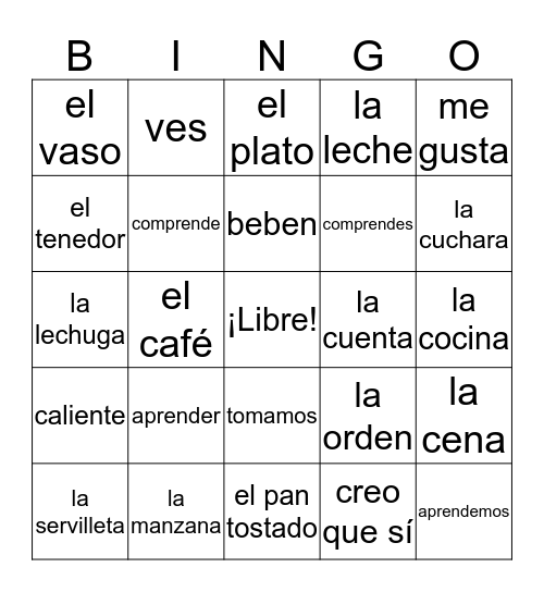 Repaso - Vocabulario 6 Bingo Card