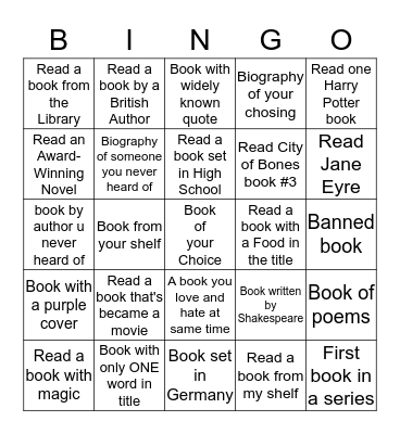 Reading Bingo Card