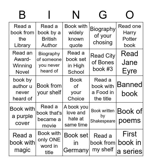 Reading Bingo Card