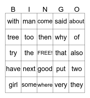 January Sight Words Bingo Card