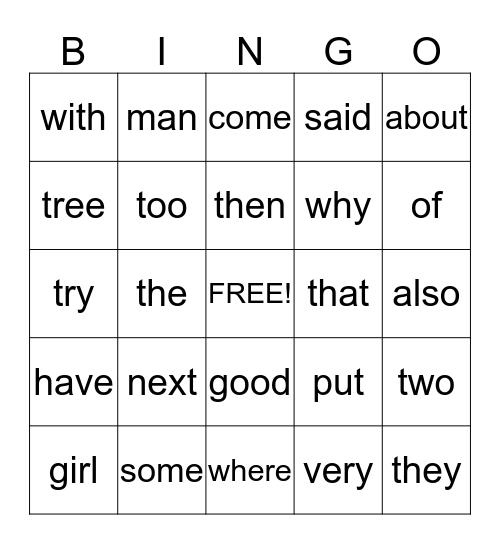 January Sight Words Bingo Card