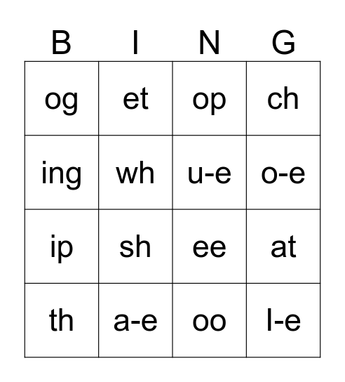 Word Family Bingo Card