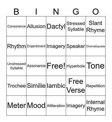 Poetry Bingo Card