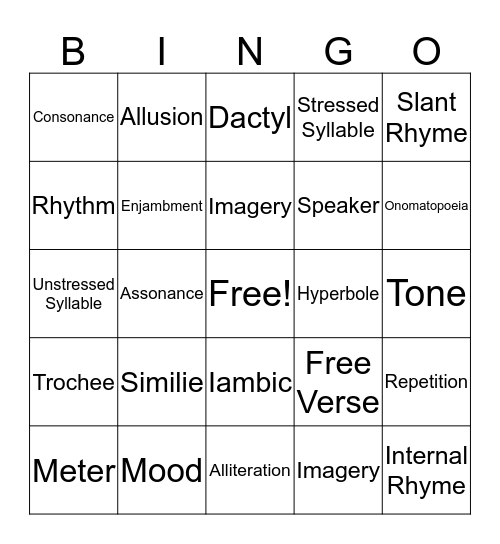 Poetry Bingo Card