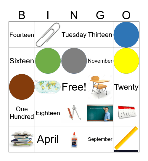 Grade 5-6 Day/Month/Item/Color/Number Bingo Card