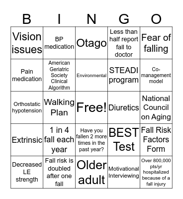 Falls Prevention Bingo Card