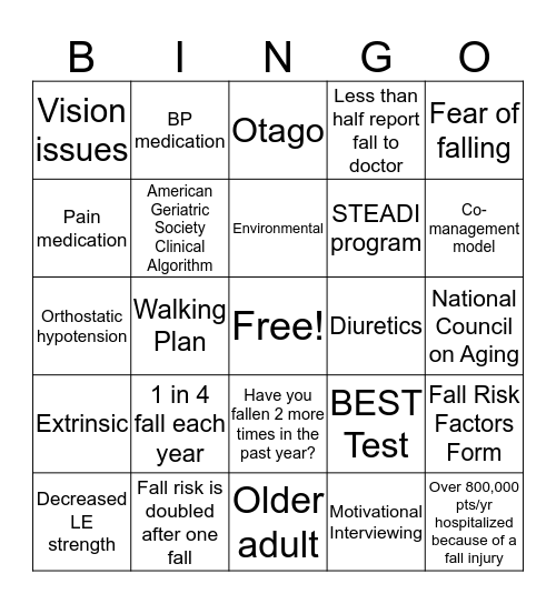 Falls Prevention Bingo Card