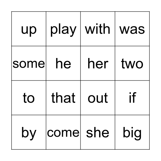 Sight Words Bingo Card