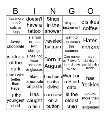 Getting to Know You Bingo Card