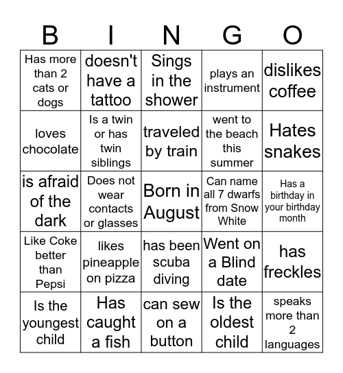 Getting to Know You Bingo Card