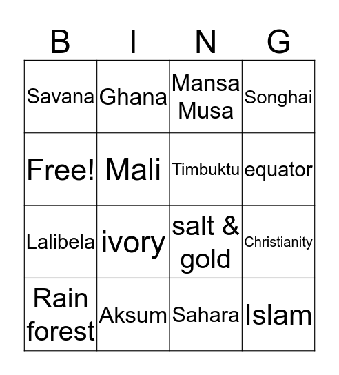 Kingdoms of Africa Bingo Card