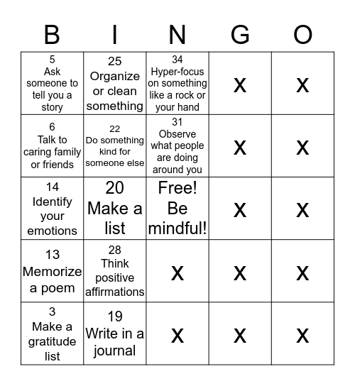 PJ Bingo Card