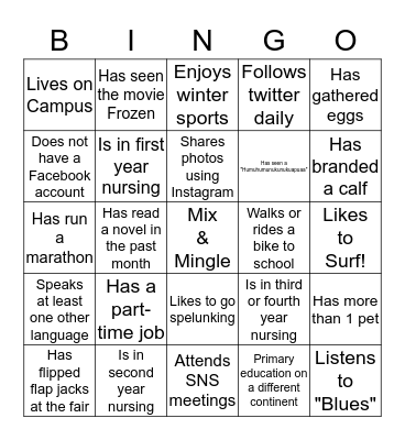 Welcome to the Student/Faculty Mix & Mingle Bingo Card