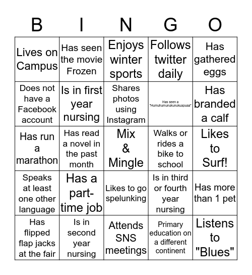 Welcome to the Student/Faculty Mix & Mingle Bingo Card