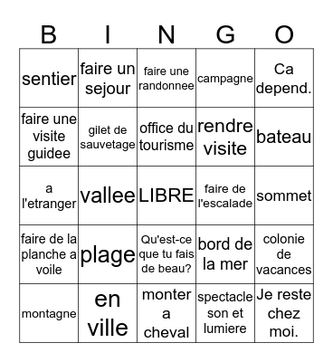 Francais III/IV Chapitre 10 Vocabulaire 1 Bingo Card