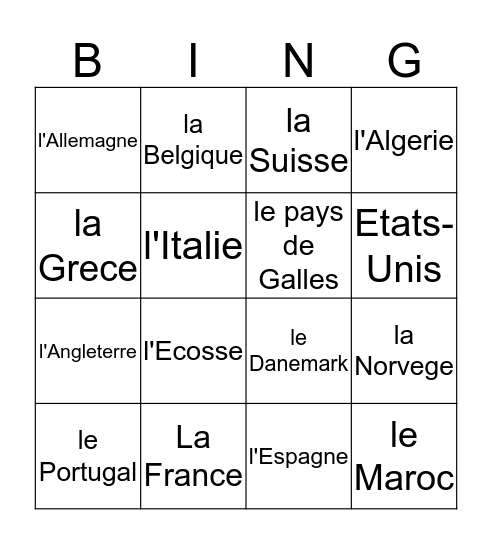 Les Pays du Monde Bingo Card