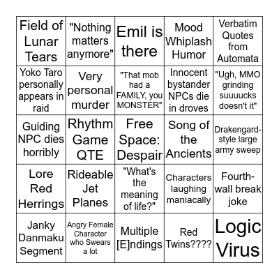 NieR Automata Alliance Raid Bingo Card