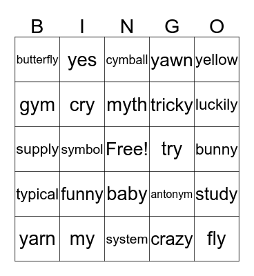 The Different Sounds for Letter Y Bingo Card