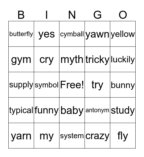 The Different Sounds for Letter Y Bingo Card