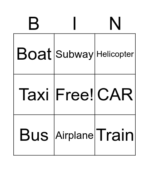 Transportation Bingo Card