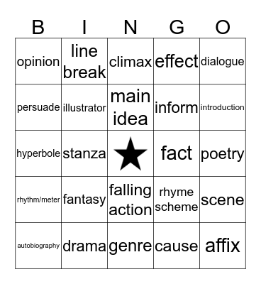 Reading Vocabulary Bingo Card