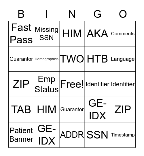 Patient Registration Bingo Card