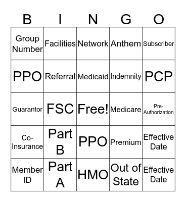 Insurance Registration Bingo Card