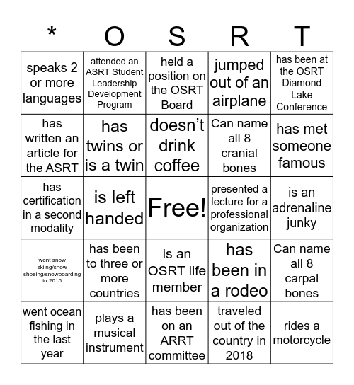 OSRT Ice Breaker Bingo Card