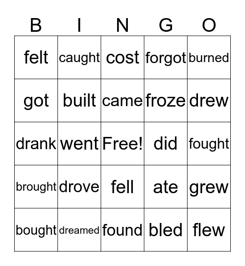 Irregular Verbs Bingo Card