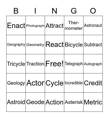 Root Word Bingo Card