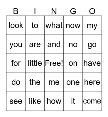 Sight Words Bingo Card