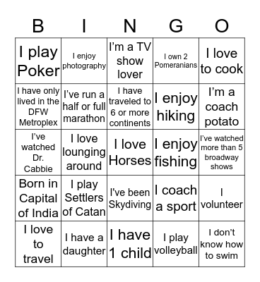 Hobbies & Interests Bingo Card