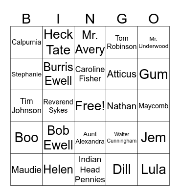 To Kill a Mockingbird Bingo Card