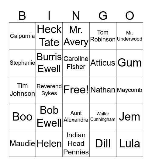 To Kill a Mockingbird Bingo Card
