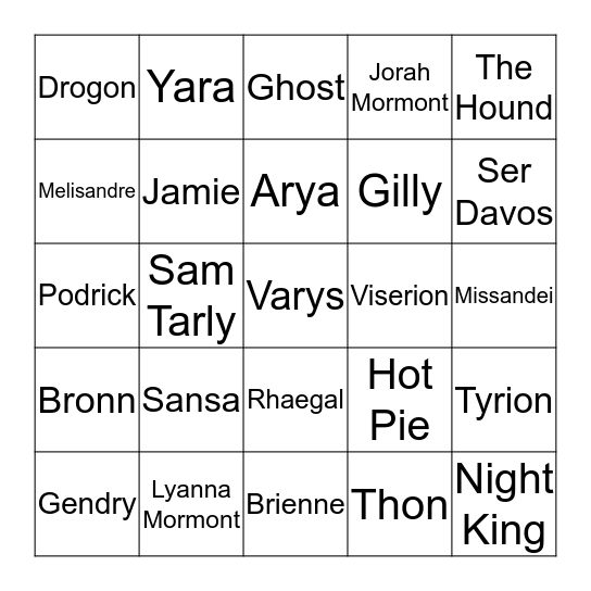 Game Of Thrones: Valar Morghulis Bingo Card