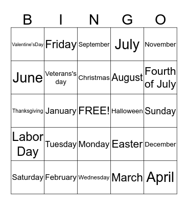 Months, Days, and Holidays Bingo Card