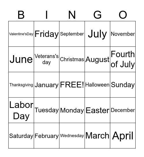 Months, Days, and Holidays Bingo Card
