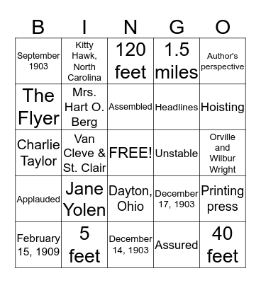 The Wright Brothers Bingo Card