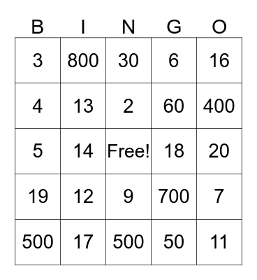 Number Bingo Card
