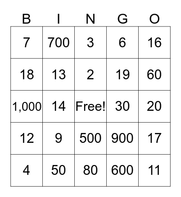 Number Bingo Card