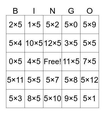 Multiplication Bingo Card