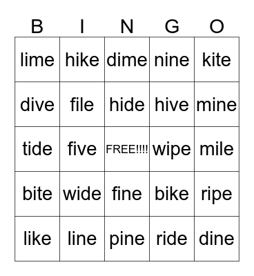 Long I BINGO Card