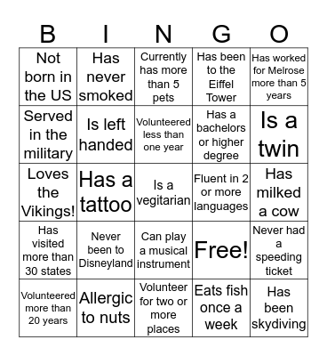 Volunteer BINGO Card