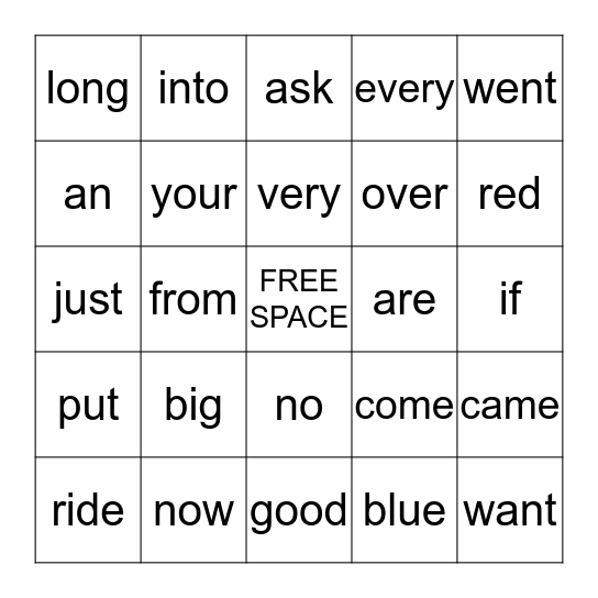 Bingo  Dolch List Four Bingo Card
