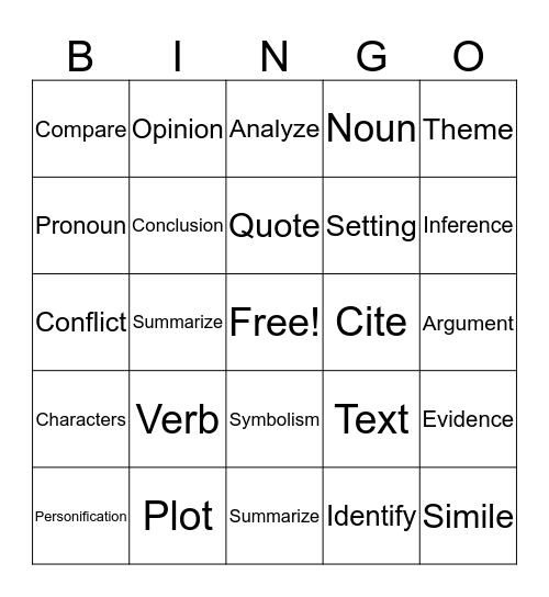 ELA Vocabulary Bingo Card